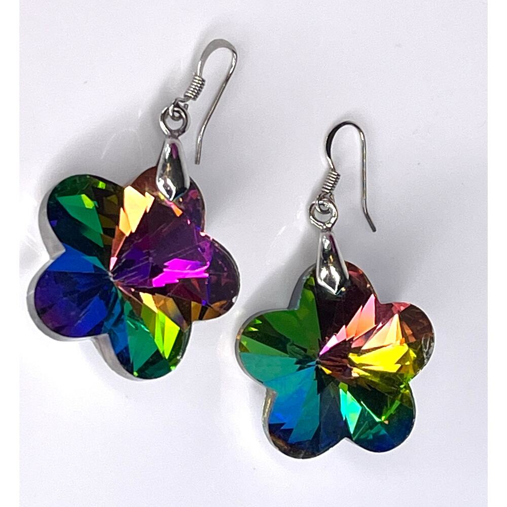 Glass Flower Earrings Iridescent Rainbow Light Green Purple Blue Dangle Drop Vtg